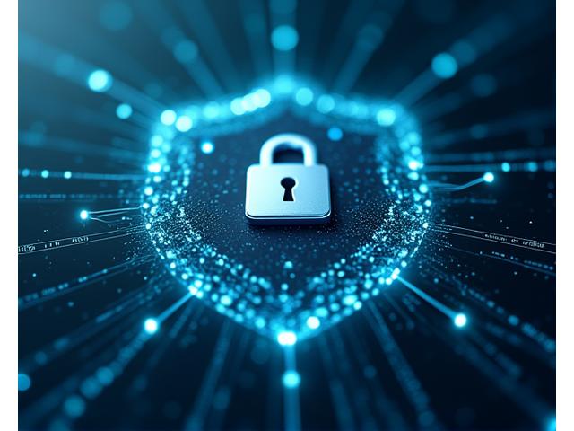 Abstract representation of secure data flow with glowing shield icon and complex network lines, emphasizing digital safety and privacy.