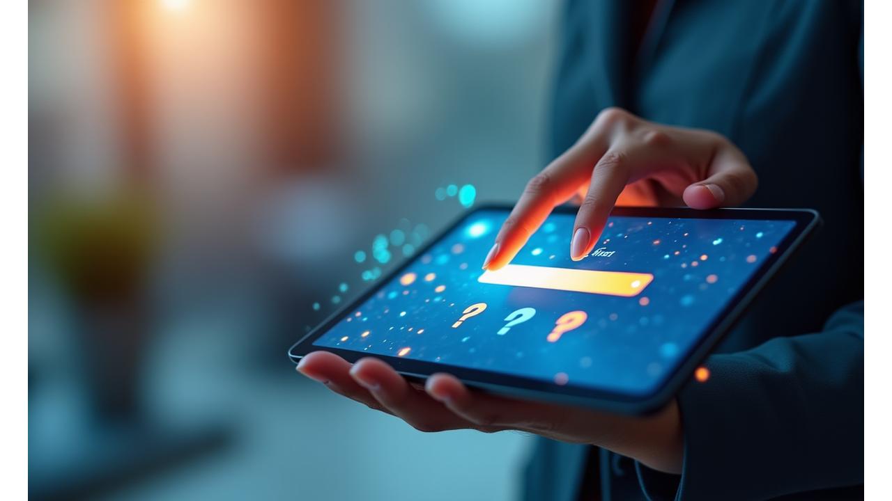 Klientas naršantis planšetiniame kompiuteryje su klausimų ženklais ir žvaigždėmis fone, simbolizuojantis atsakymų paiešką.