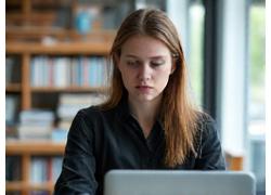 Studentė mokosi su nešiojamuoju kompiuteriu