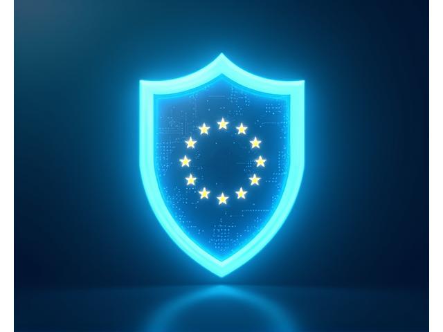 Stilizuotas skydas, reprezentuojantis duomenų apsaugą ir privatumą su BDAR žvaigždėmis ir 'secure' tekstu.