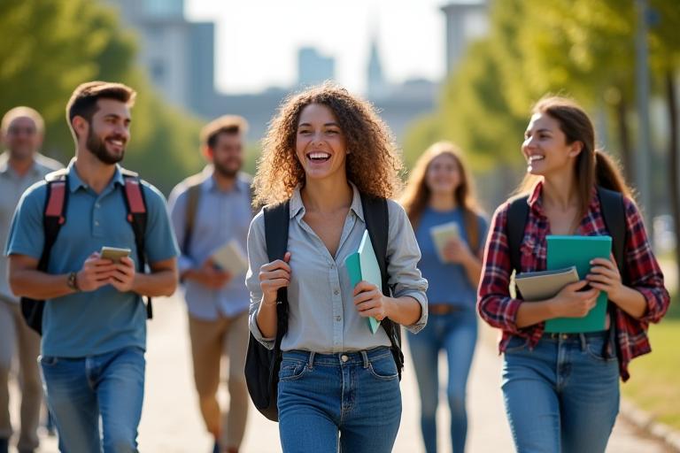 Jaunas studentas džiaugsmingai su knygomis universiteto miestelyje
