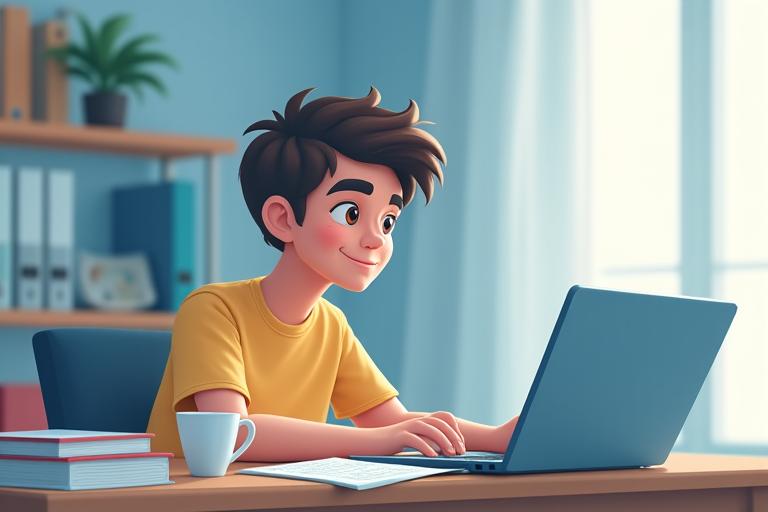 Studentas prie stalo su nešiojamuoju kompiuteriu ir konspektu be rūpesčių