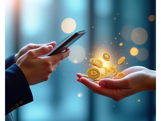 Rankos su pinigais ir išmaniuoju telefonu, simbolizuojančios greitą pinigų pervedimą internetu