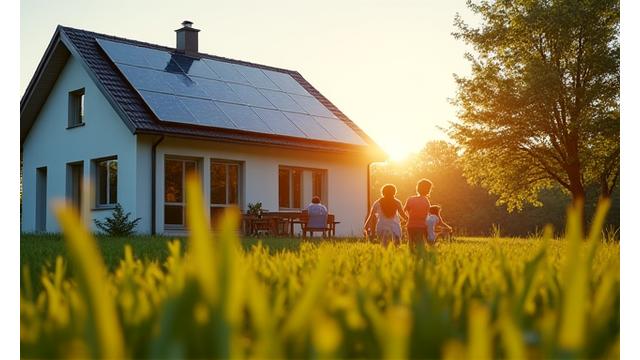 Žmogus, laimingas sode, saulės baterijos ant namo stogo, žalios energijos simboliai